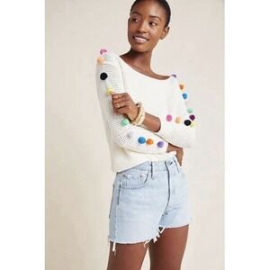 Anthropologie Amelia Pom Pom Sweater Cream Cotton Knit Boho M
